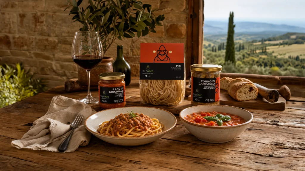 Tavola toscana con prodotti gastronomia a marchio SuprEvo Morettini