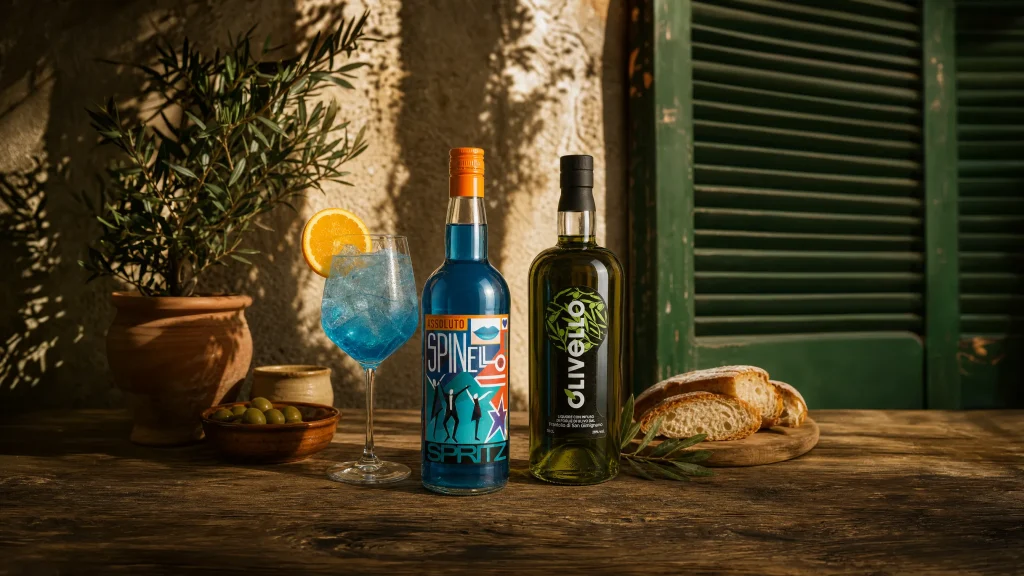 Bottiglie di Spinello Spritz e Olivello su tavola toscana